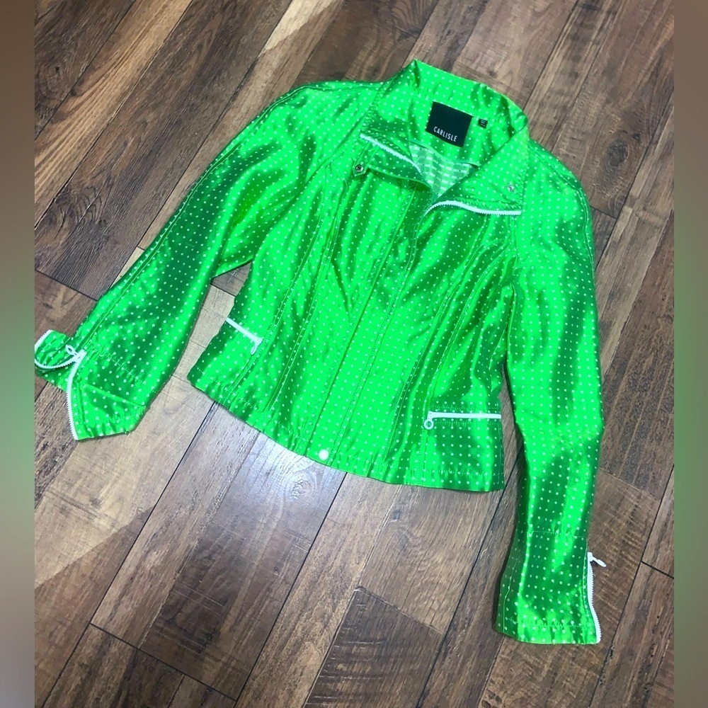 Rare silk Carlisle green zip jacket $200 6 beautiful designer spring evening